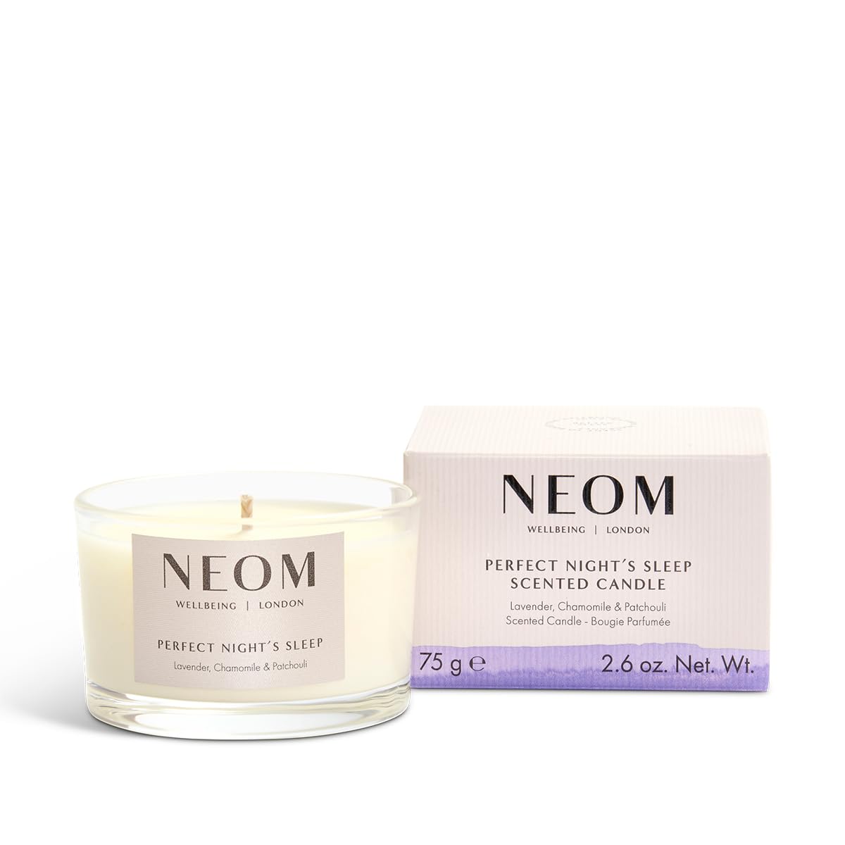 NEOM Perfect Night's Sleep Travel Candle in glass jar with lavender and jasmine aroma