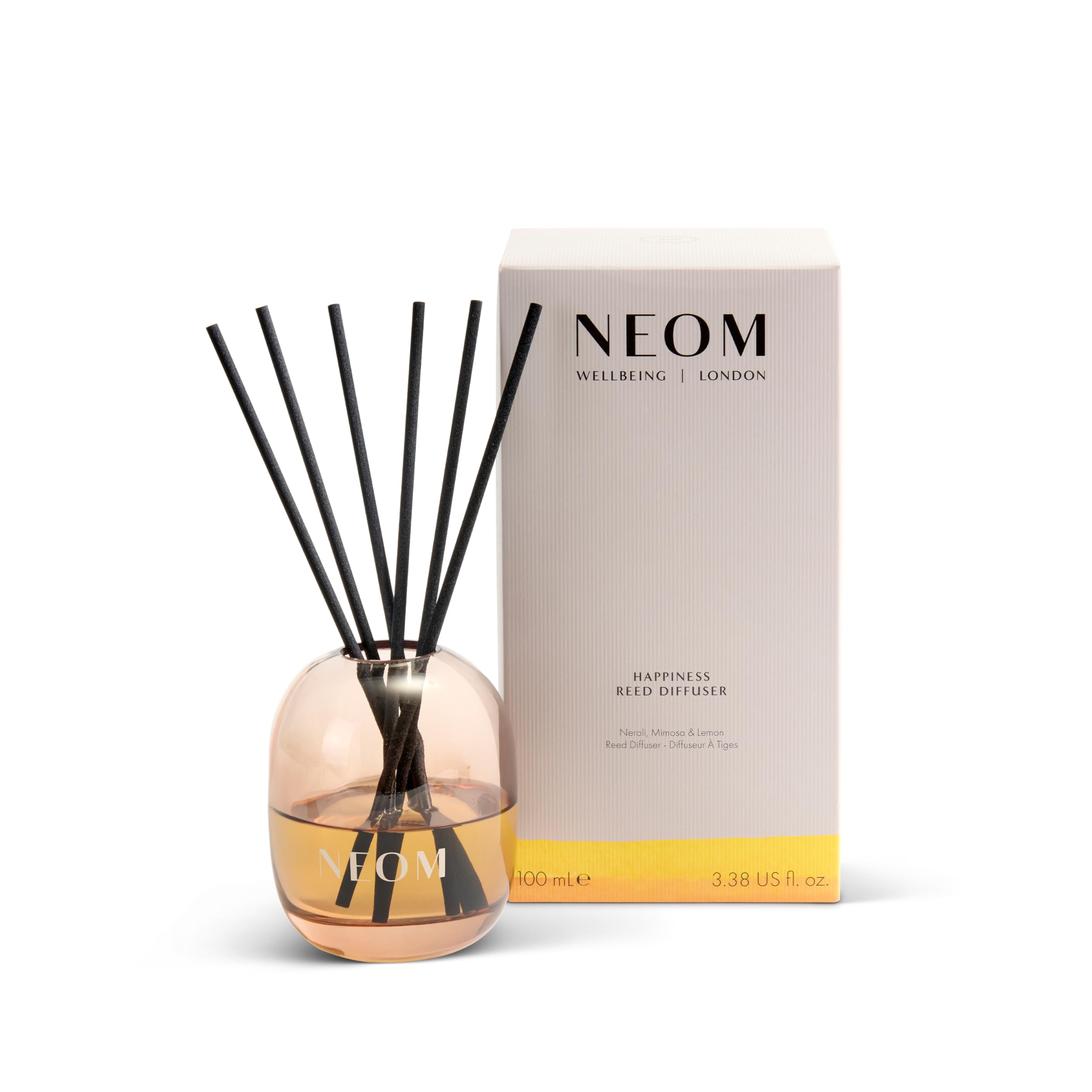 NEOM Happiness Reed Diffuser 100ml bottle with neroli, mimosa and lemon fragrance