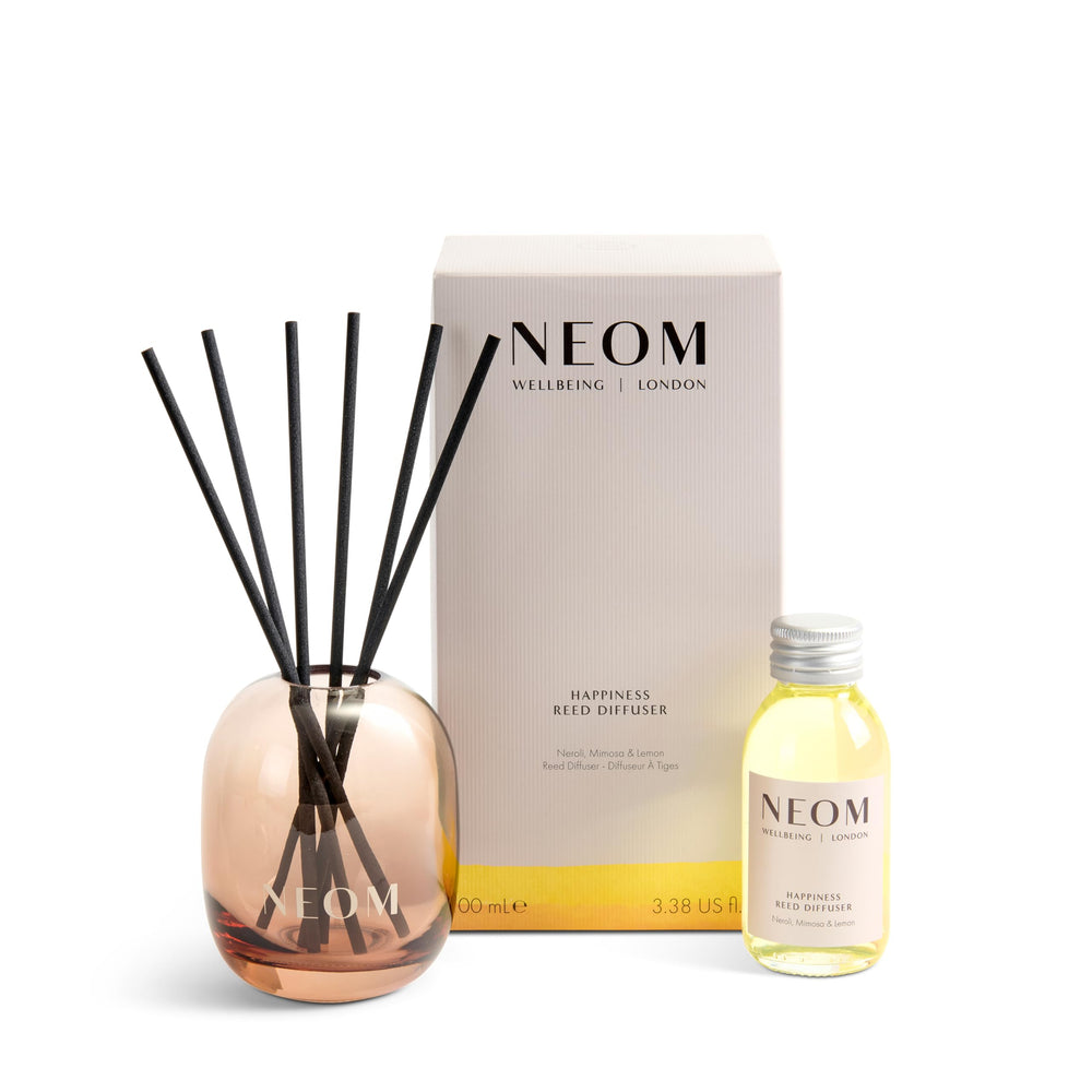 Packaging and label for NEOM Happiness Reed Diffuser