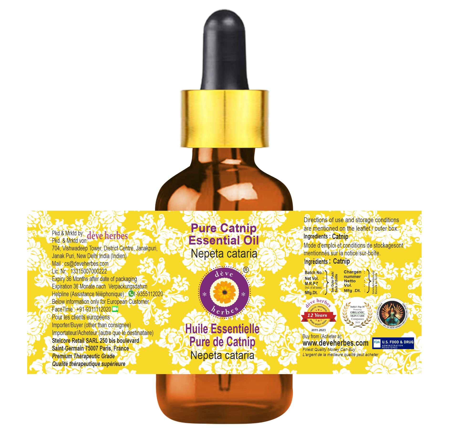 Steam-distilled Nepeta cataria catnip oil in amber bottle