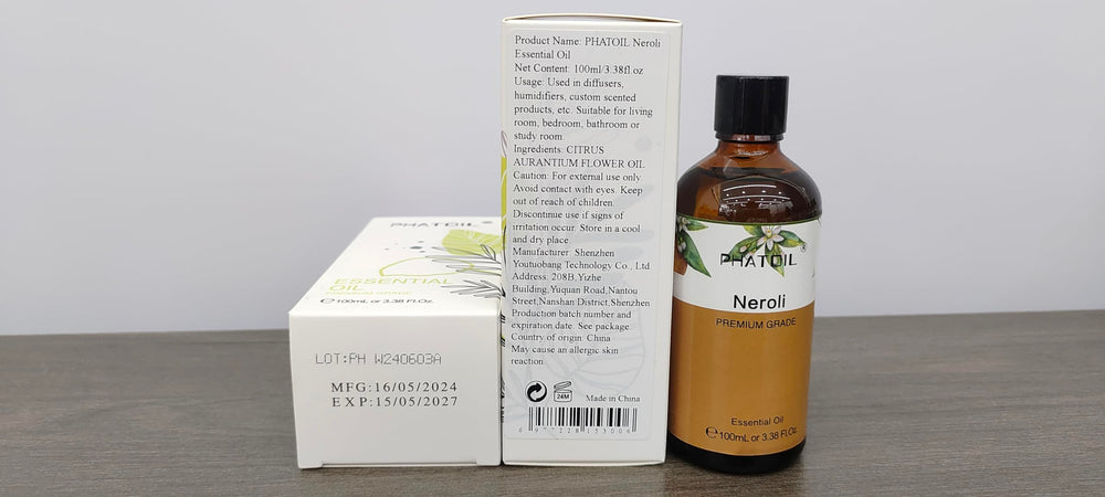 Angled shot of Neroli essential oil bottle