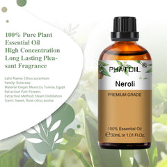 Amber glass Neroli essential oil bottle close-up