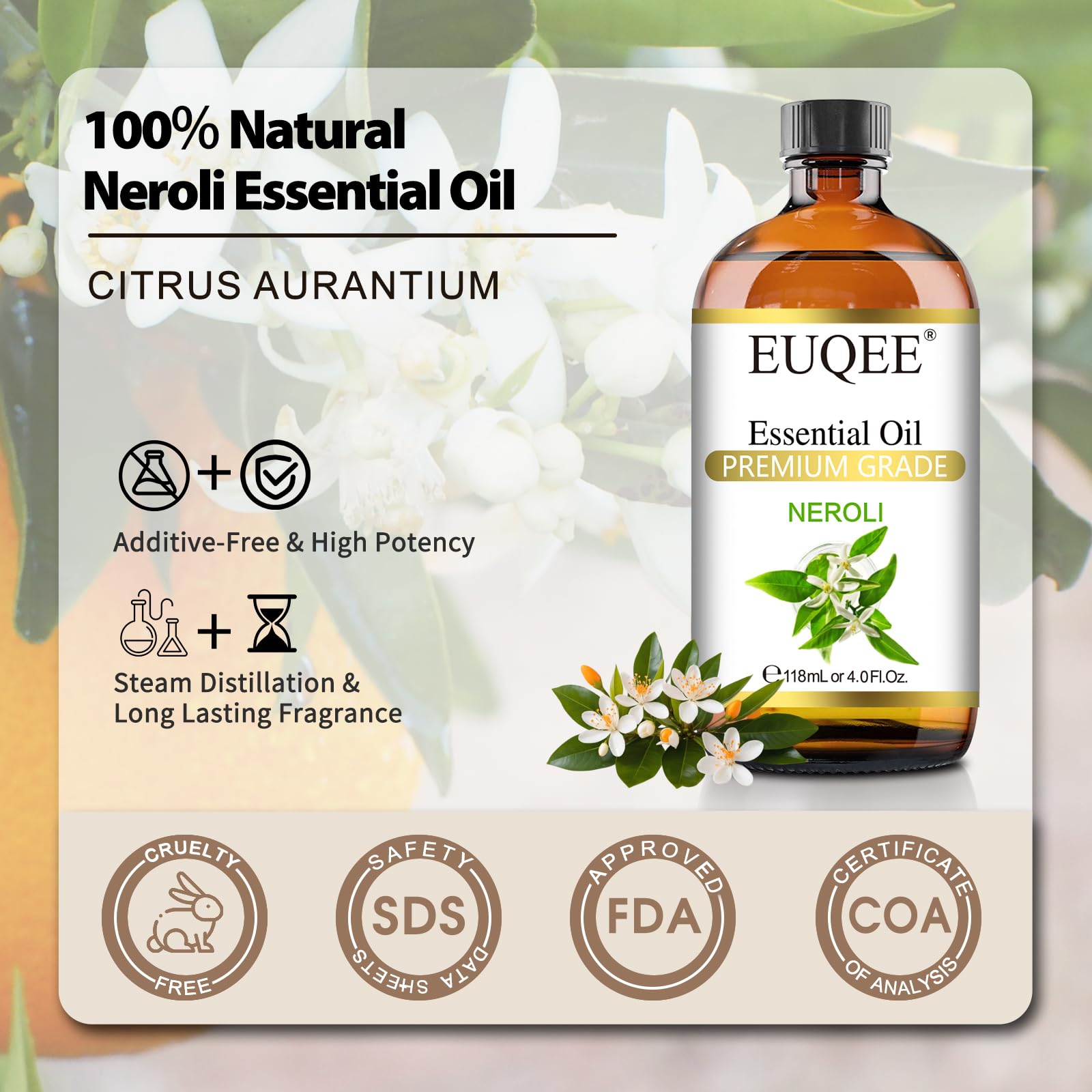 Neroli essential oil being used with a diffuser for aromatherapy