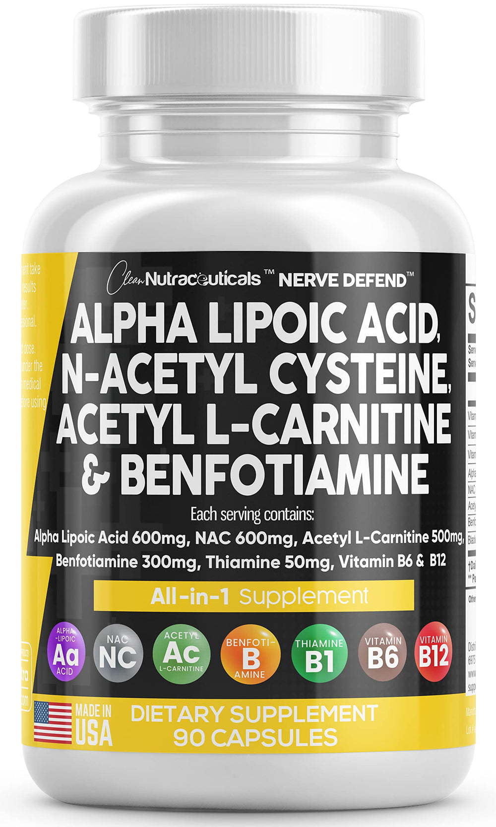 Product image showing Alpha Lipoic Acid 600mg, NAC 600mg, Acetyl L-Carnitine 500mg and Benfotiamine 300mg ingredients