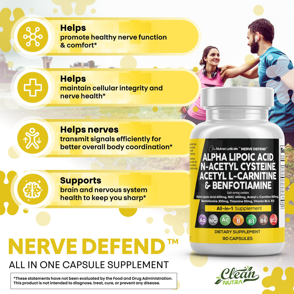 Nerve Defend bottle label highlighting vitamins B1, B6 and B12