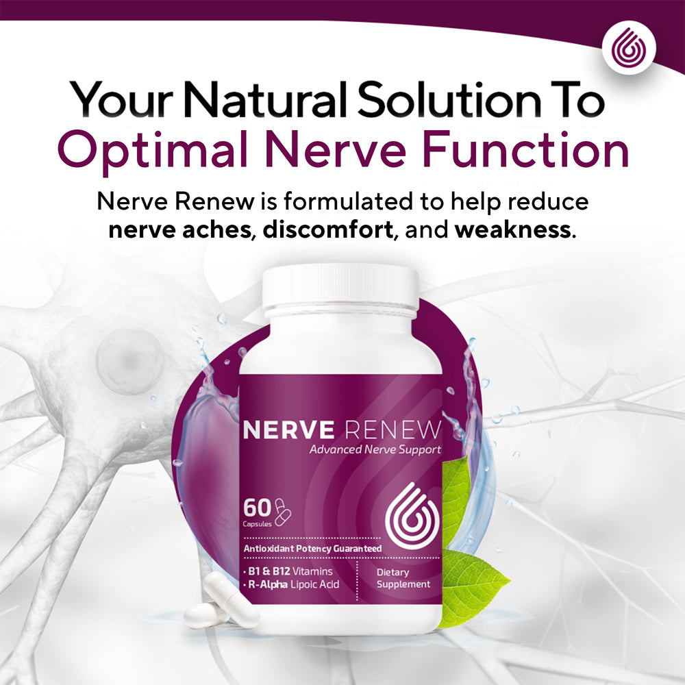 NERVE RENEW benfotiamine and B vitamins capsule highlight nerve nourishment.