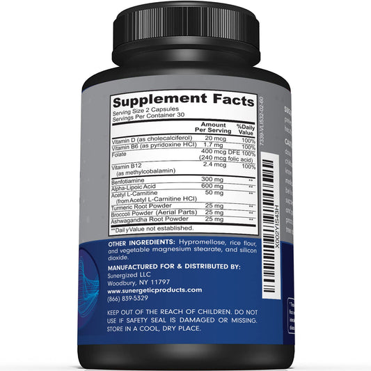 Graphic showcasing Alpha Lipoic Acid 600 mg and Acetyl-L-Carnitine for nerve health