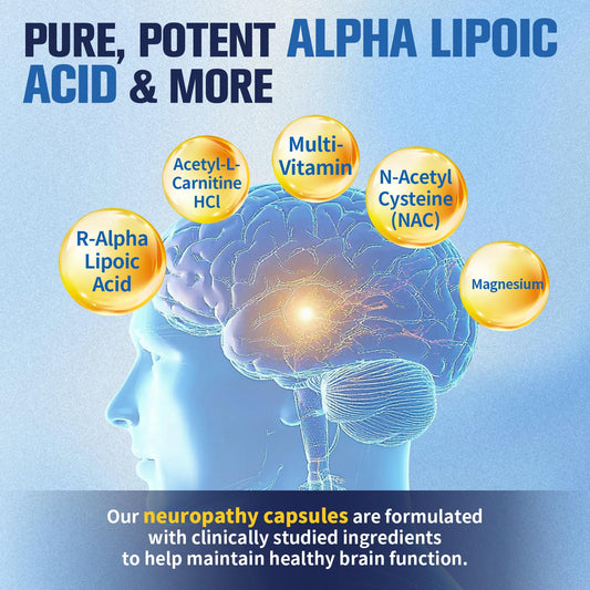 Capsules and ingredients display for R-ALA, L-Carnitine and NAC