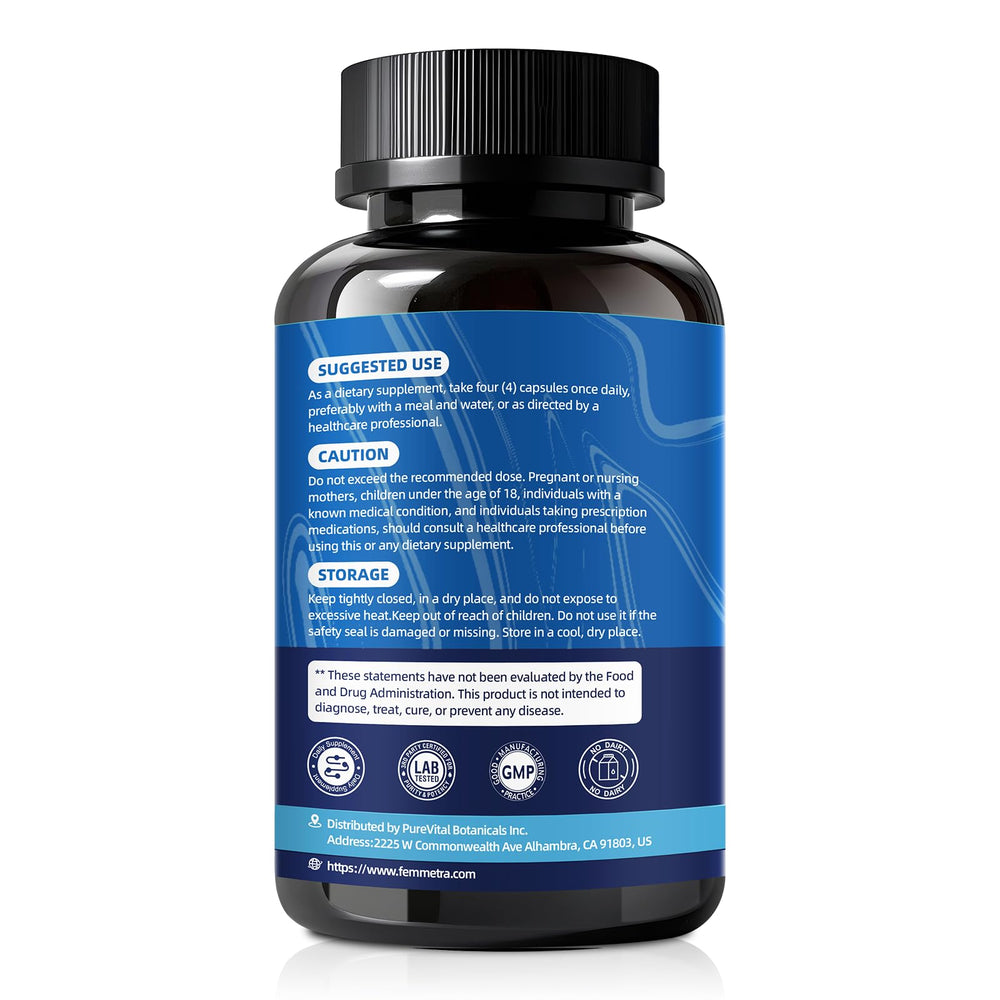 Bottle showing 120 capsules and daily dosage of 4 capsules