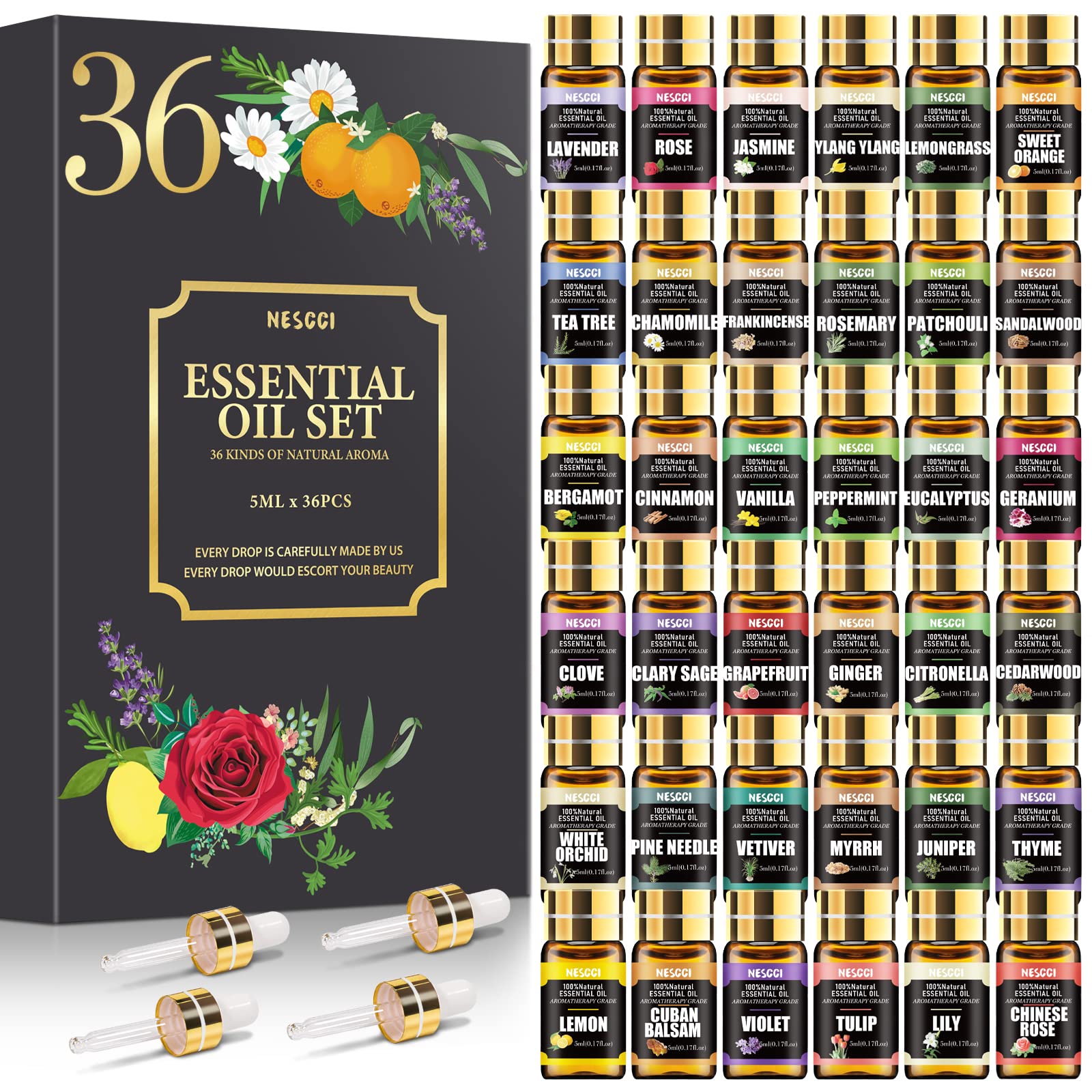 NESCCI Essential Oil Set 36 x 5ml bottles arranged in a gift package