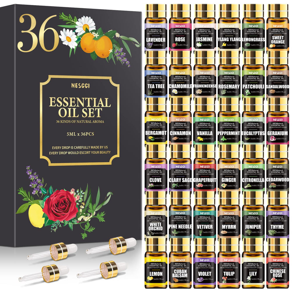 NESCCI Essential Oil Set 36 x 5ml bottles arranged in a gift package