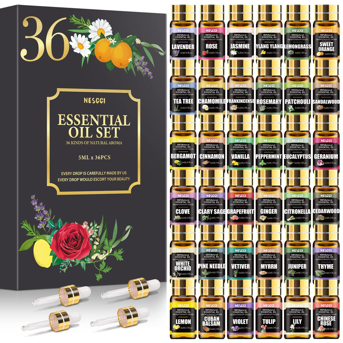 NESCCI Essential Oil Set 36 x 5ml bottles arranged in a gift package