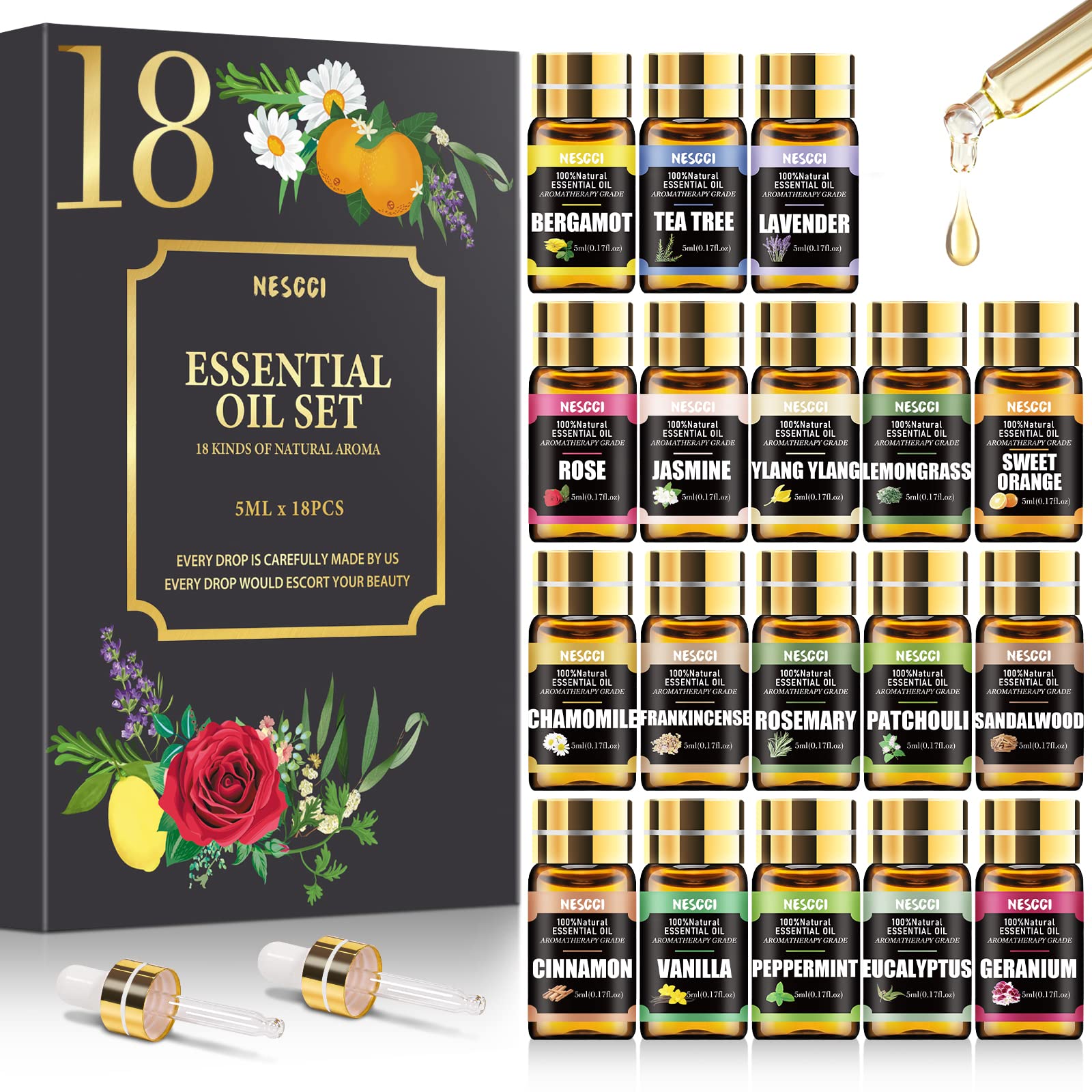 NESCCI Essential Oil Gift Set packaging with 18 x 5ml bottles