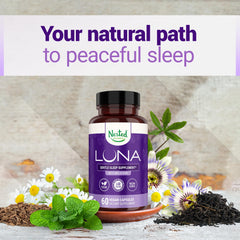 Luna Sleep Aid bottle beside a candle promotes a calm wind-down routine.