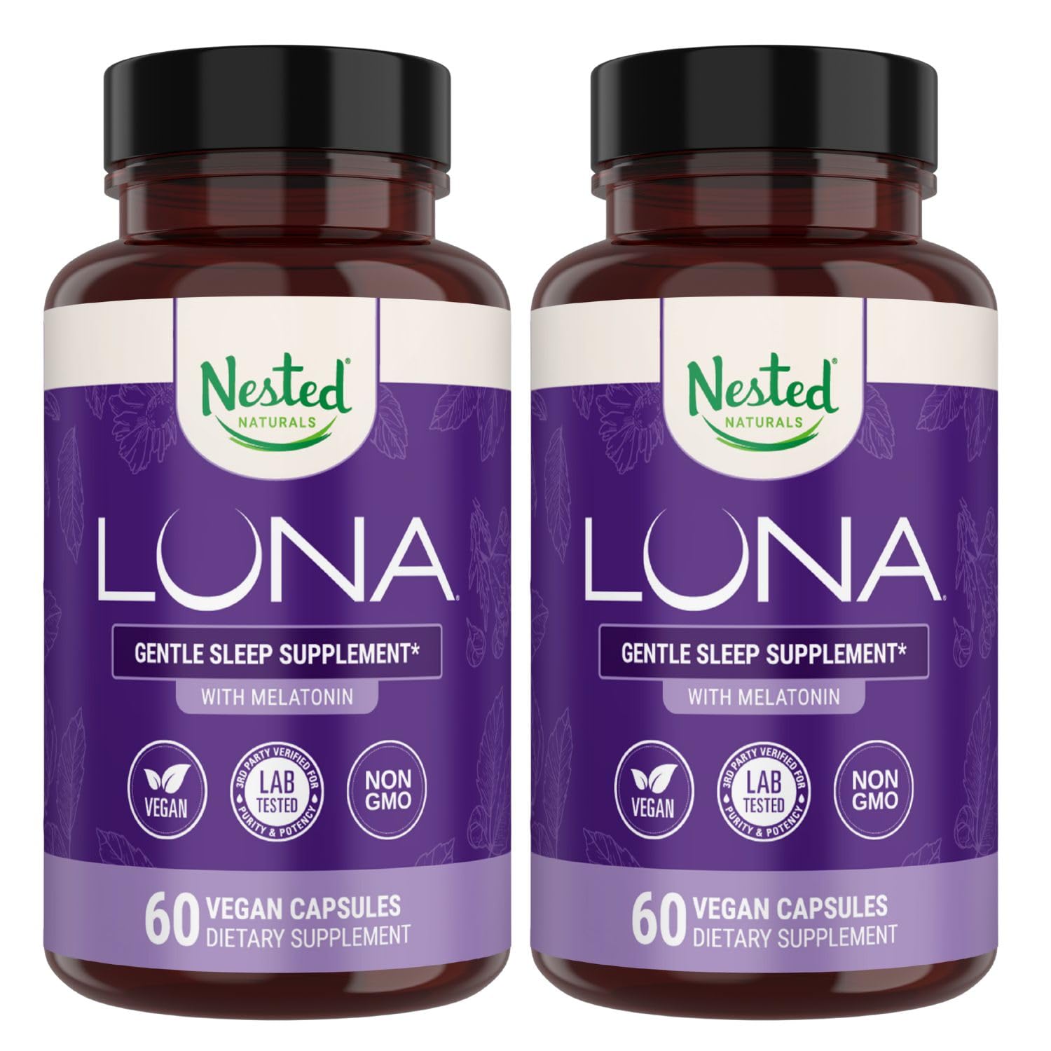 Nested Naturals Luna Sleep Aid bottle front shows a calm, restful night.