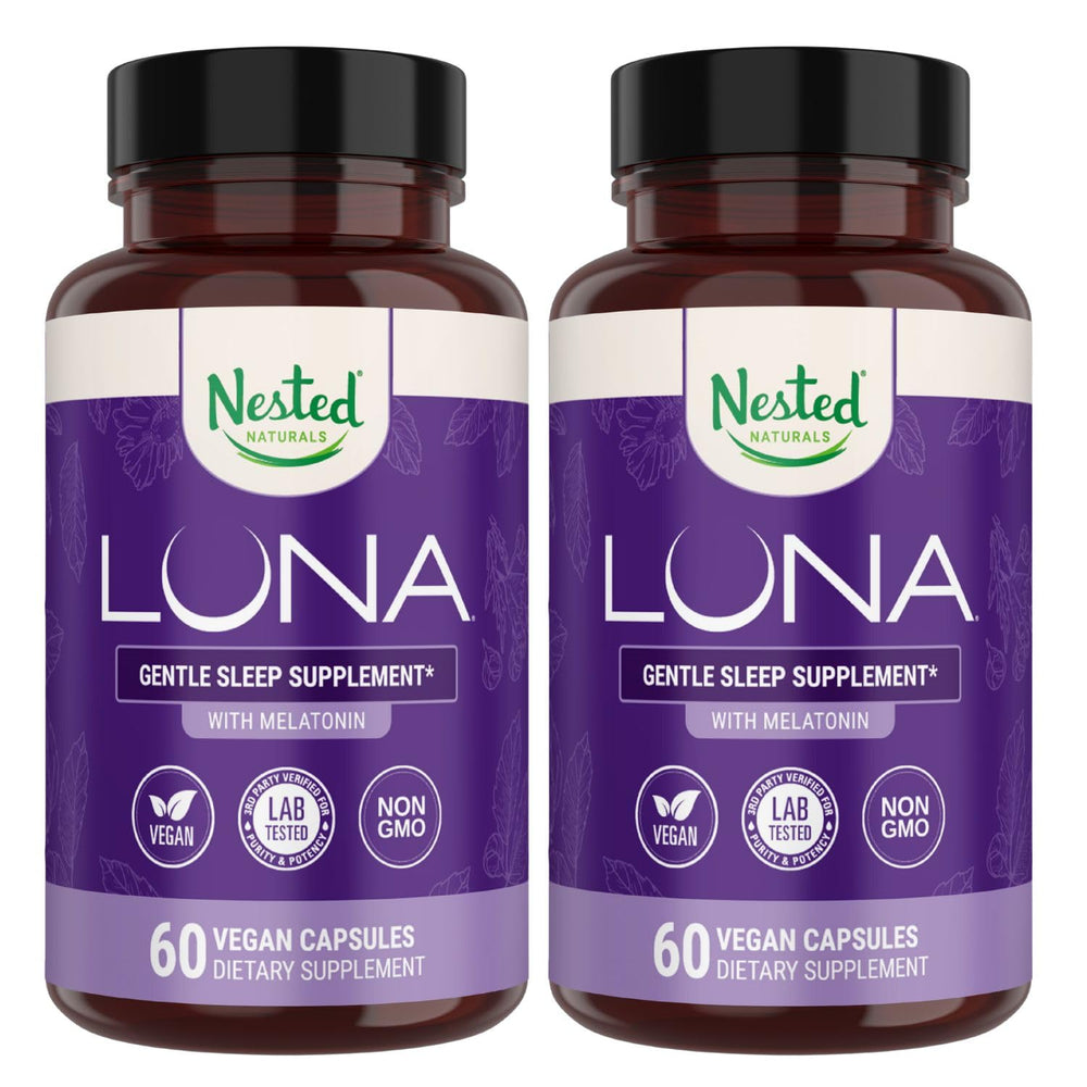 Nested Naturals Luna Sleep Aid bottle front shows a calm, restful night.