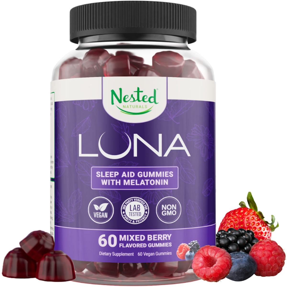 Bottle of Nested Naturals Luna Sleep Gummies on a nightstand