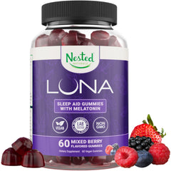Bottle of Nested Naturals Luna Sleep Gummies on a nightstand