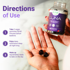 Vegan symbol and product packaging for Luna Sleep Gummies