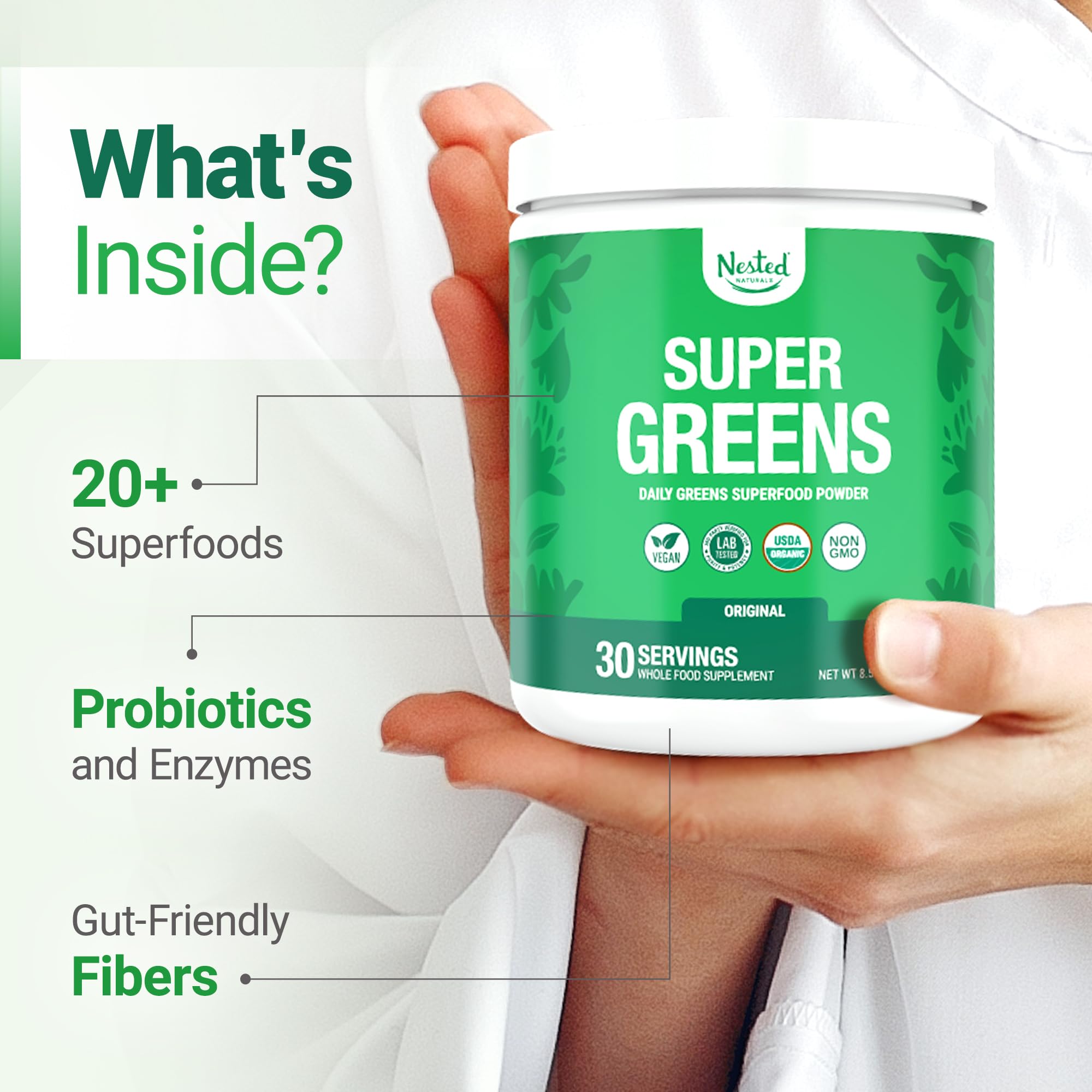 Spirulina and chlorella among 20+ whole foods in the blend