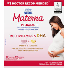 NESTLÉ Materna prenatal multivitamin with DHA bottle and tablets