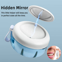 Compact portable denture case dimensions 3.74 x 3.74 x 1.96 inches