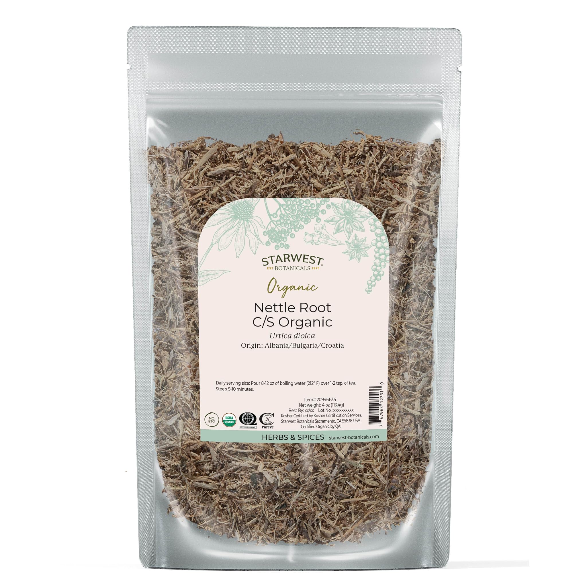 Organic nettle root dried, cut & sifted in a 4 oz pouch