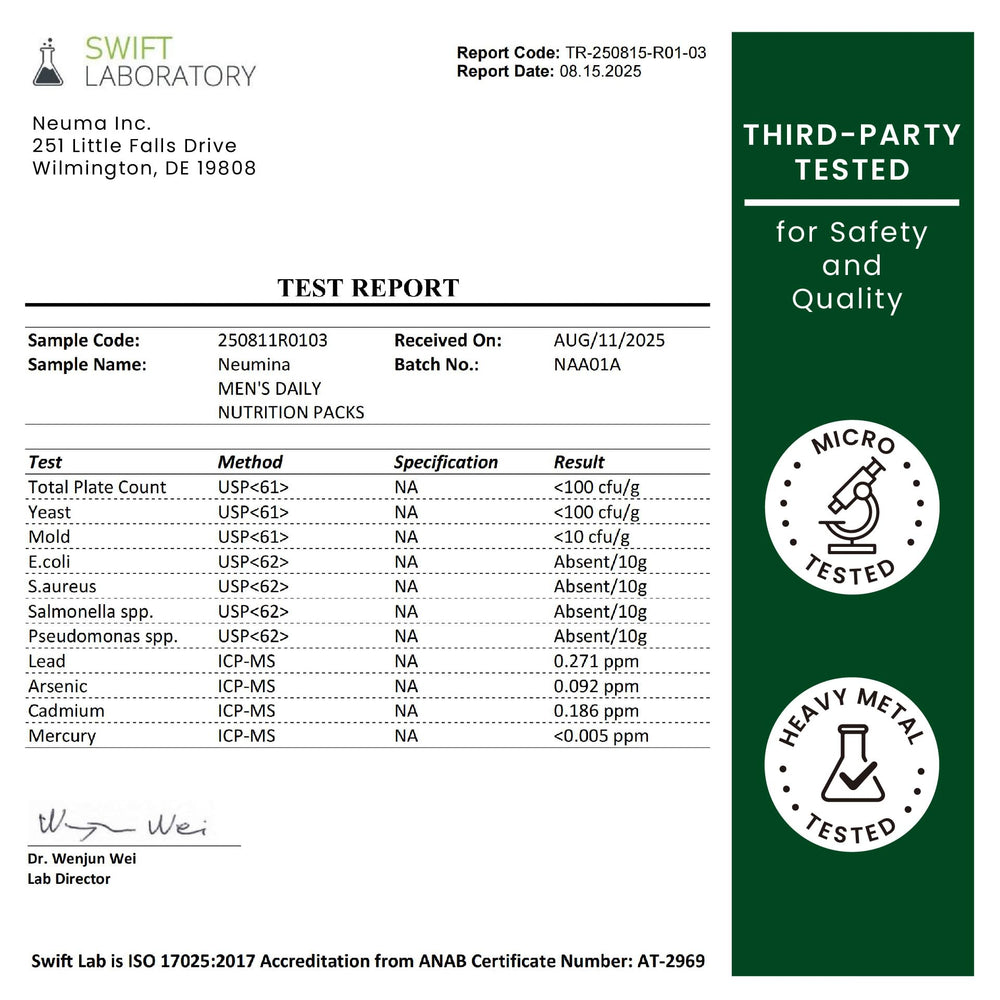 Third-party testing seal for NEUMINA multivitamin