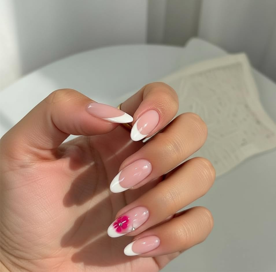 NEUQL almond-painted-flowers French tips close-up showing natural look.