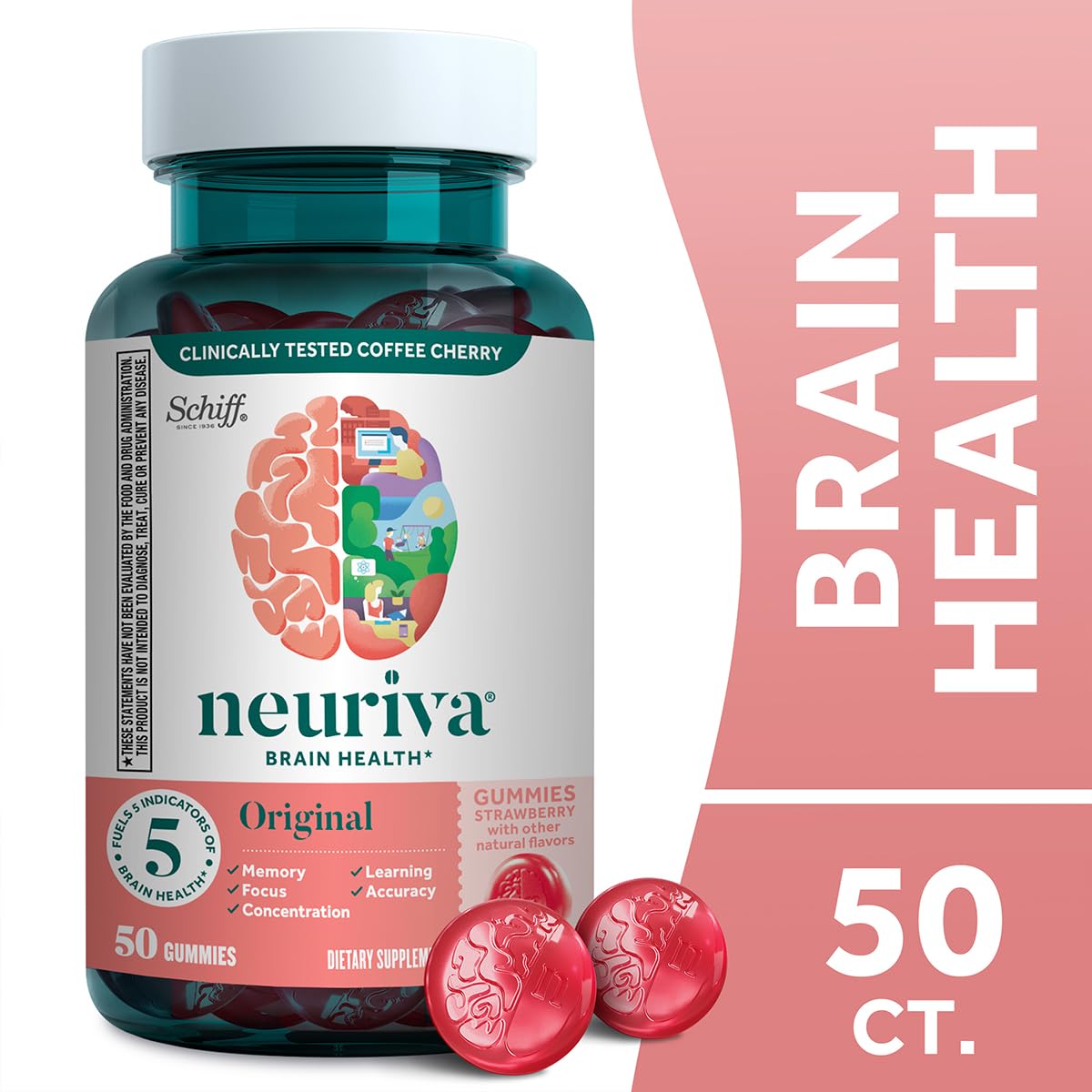 NEURIVA Original bottle pour showing quick daily dose of brain support gummies.