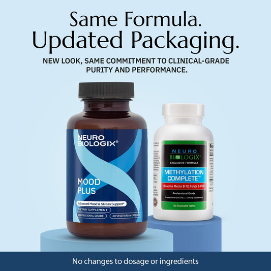 Close-up of Mood Plus bottle label highlighting GABA and 5-HTP ingredients