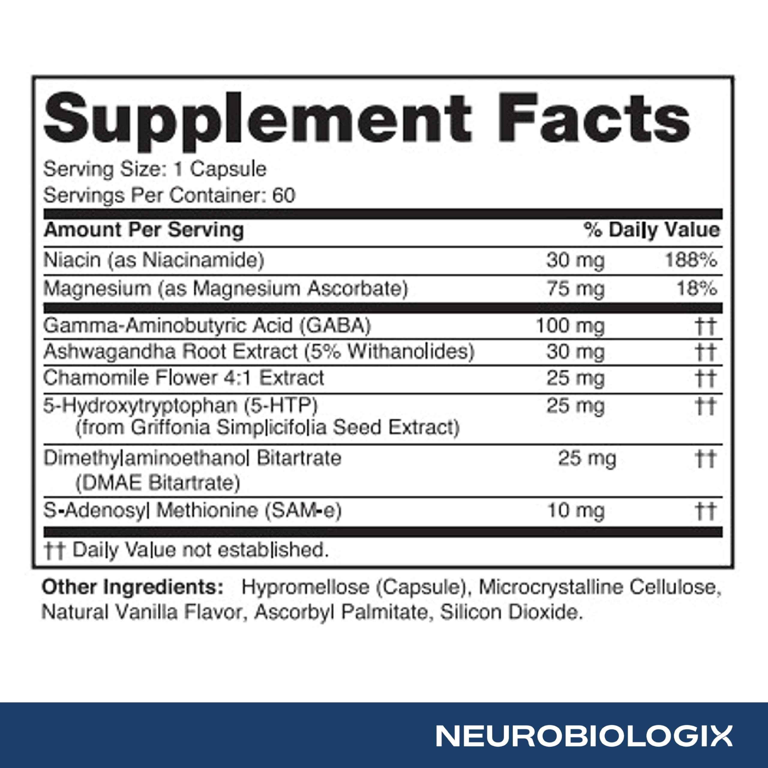 GABA, 5-HTP, Ashwagandha, and Chamomile icons representing ingredients