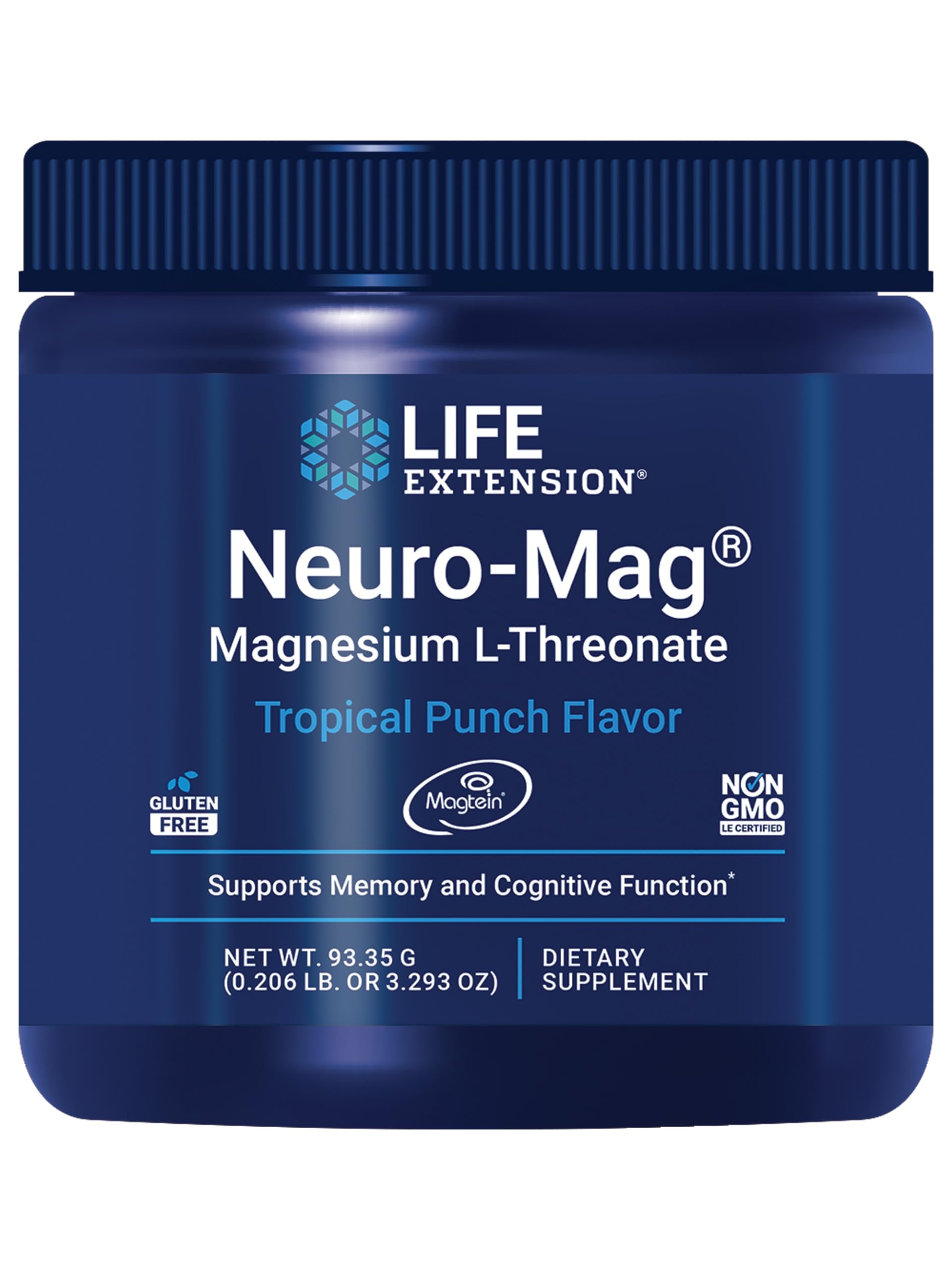Front view of Neuro-Mag Tropical Punch magnesium L-threonate powder bottle