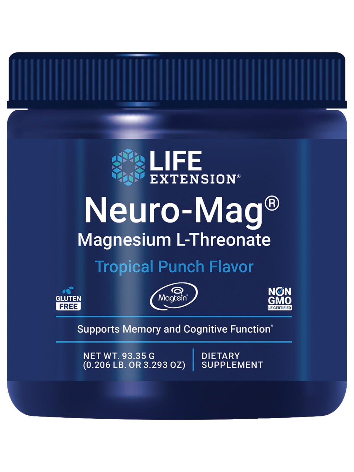 Front view of Neuro-Mag Tropical Punch magnesium L-threonate powder bottle