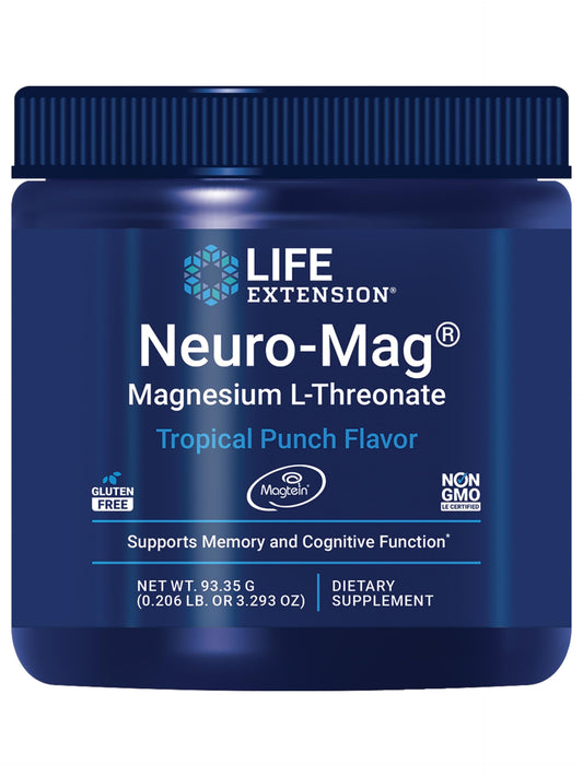 Front view of Neuro-Mag Tropical Punch magnesium L-threonate powder bottle
