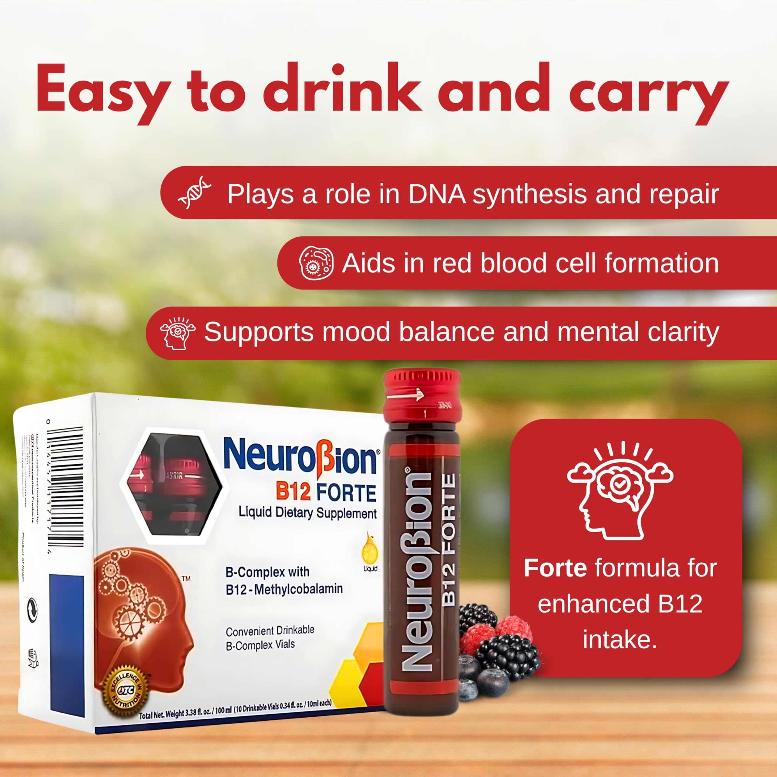 Close-up of Neurobion B12 Forte 10 ml vial label