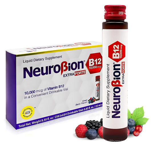 Close-up of Neurobion Extra Forte B12 10,000 mcg liquid vials
