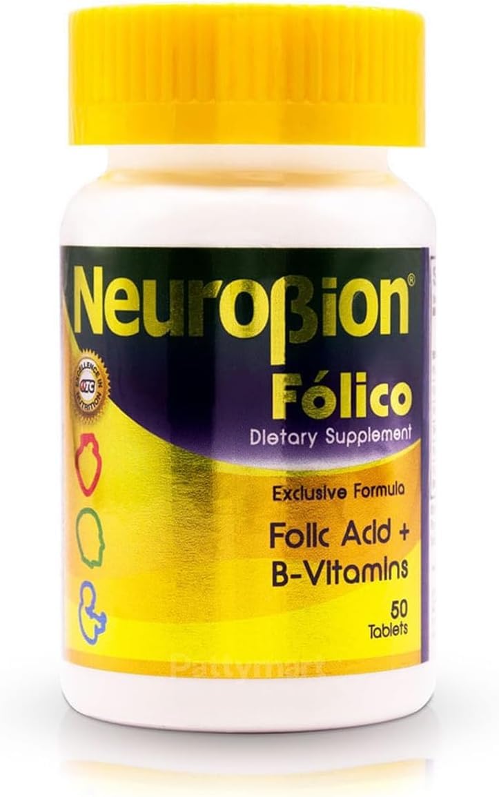 Bottle and capsules of Neurobion Folico 50 Tablets on white background