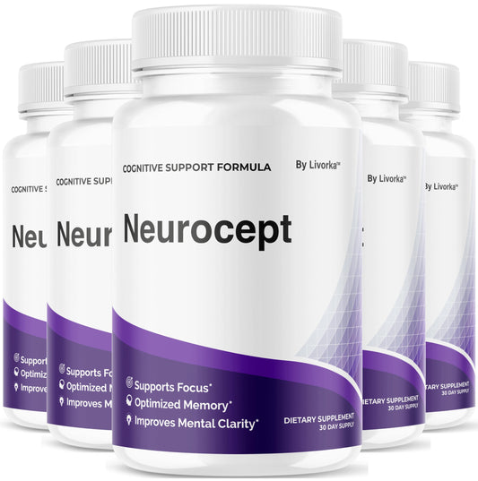Five-pack Neurocept brain supplement bottles display