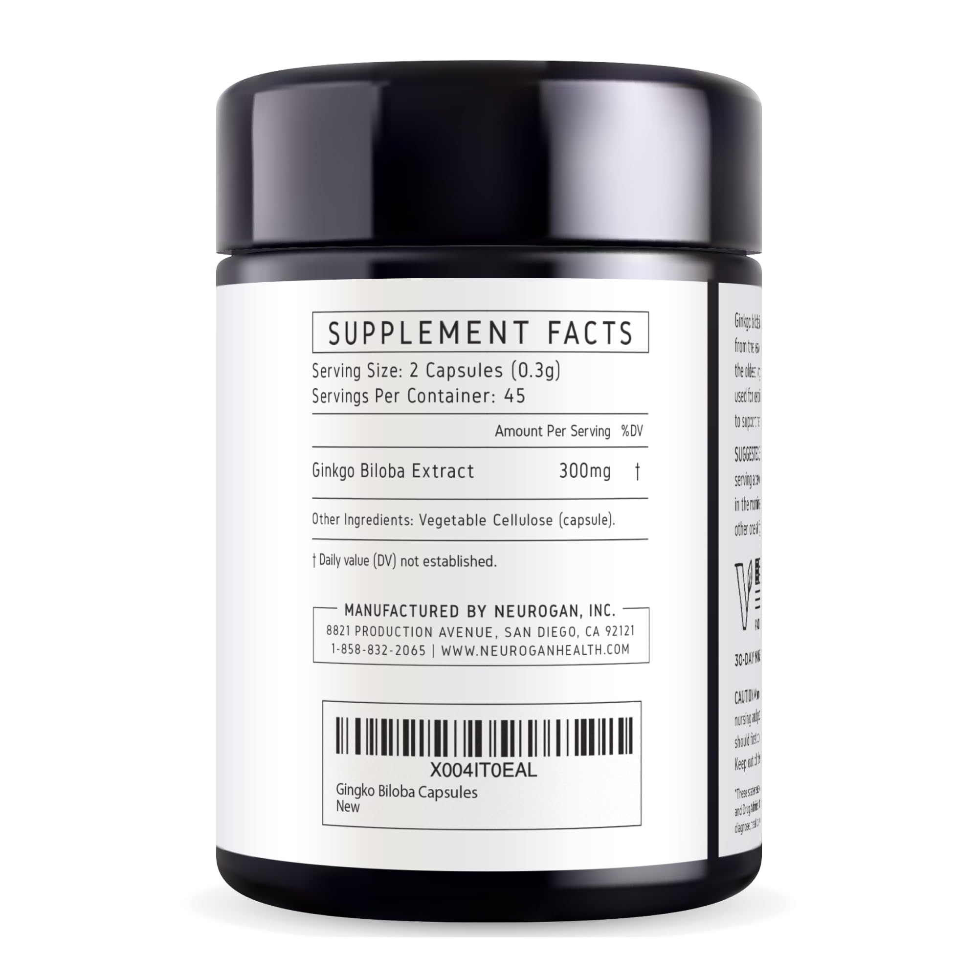 Vegan-friendly ginkgo biloba capsules in gluten-free, soy-free, dairy-free formula