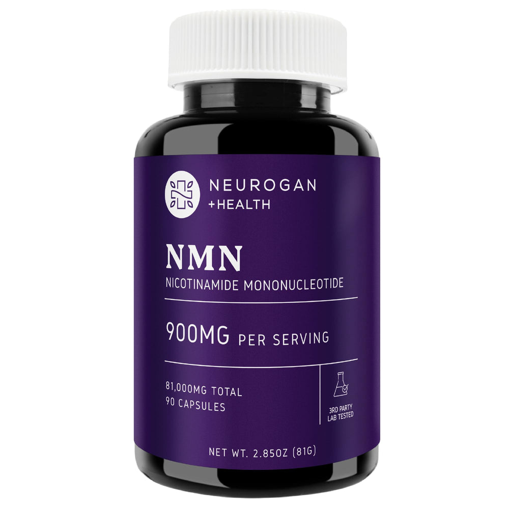 Neurogan NMN supplement bottle with capsules, supporting daily energy and focus.