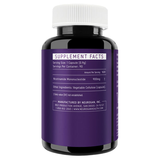 Close-up of NMN capsules showing 900 mg per serving