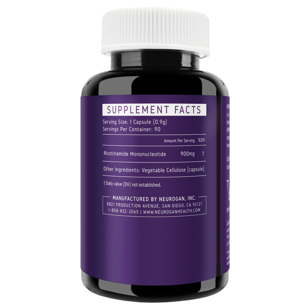 Closeup of Neurogan NMN supplement label highlighting purity and NAD+ precursor.