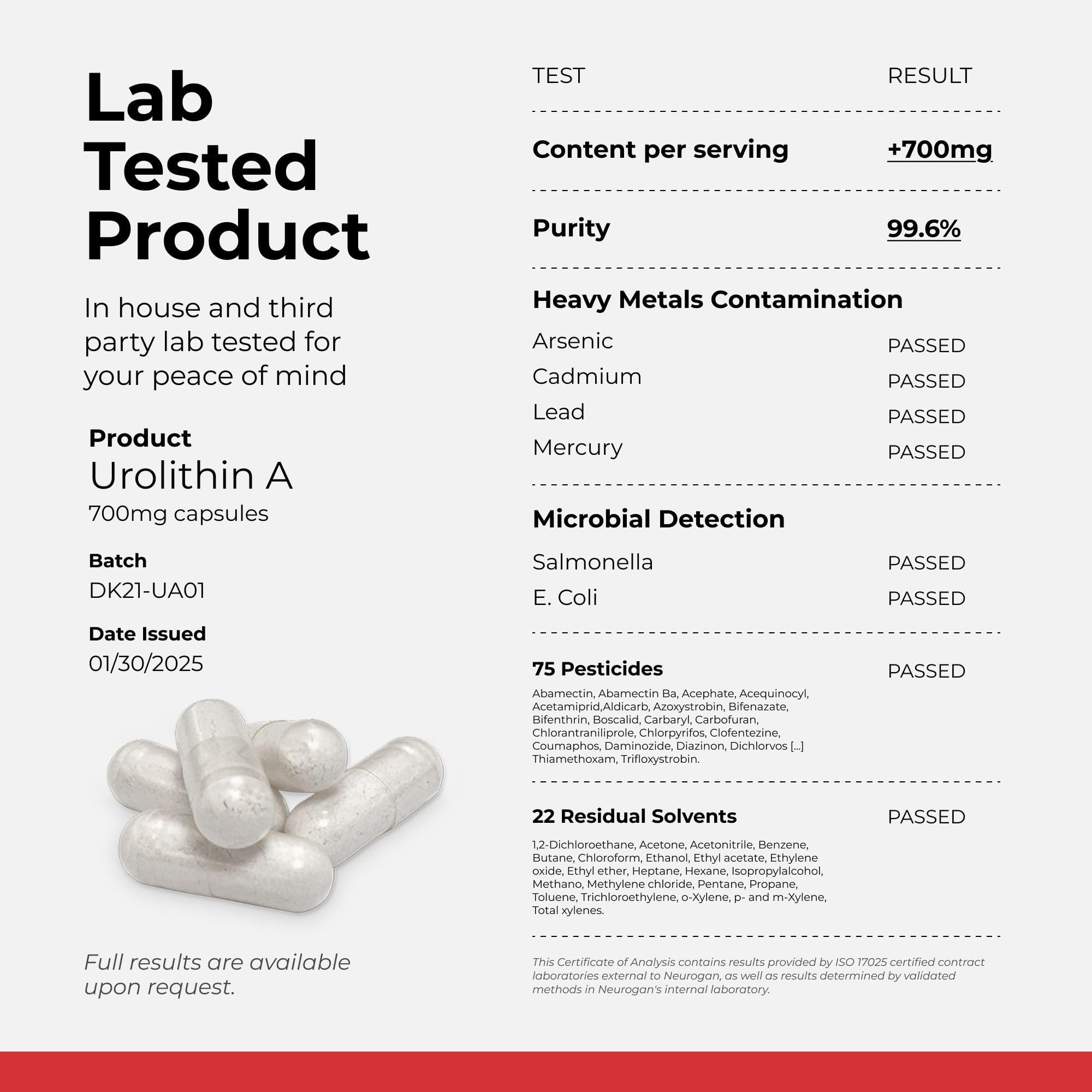 Neurogan Urolithin A capsules close-up showing consistent dosing