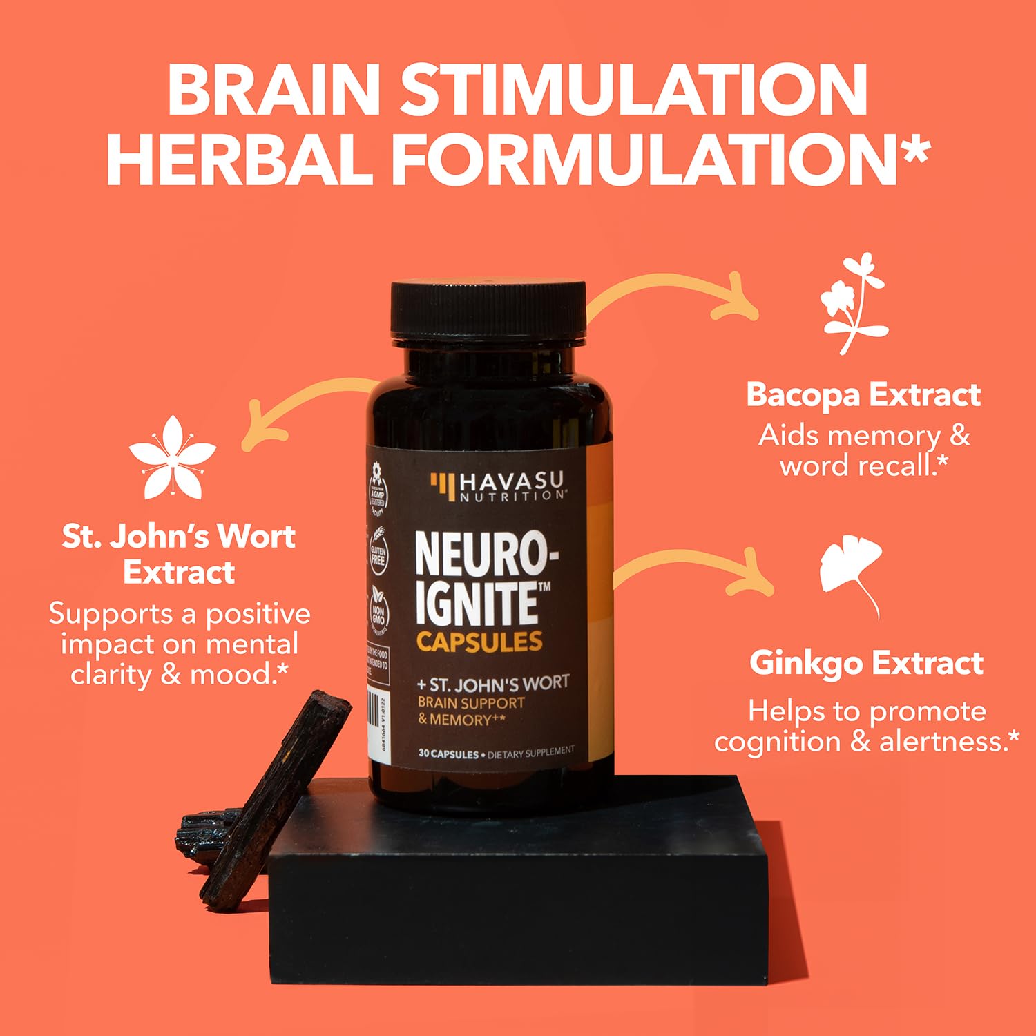 Ingredients list showing St. John's Wort, Ginkgo Biloba, Bacopa, and Phosphatidylserine