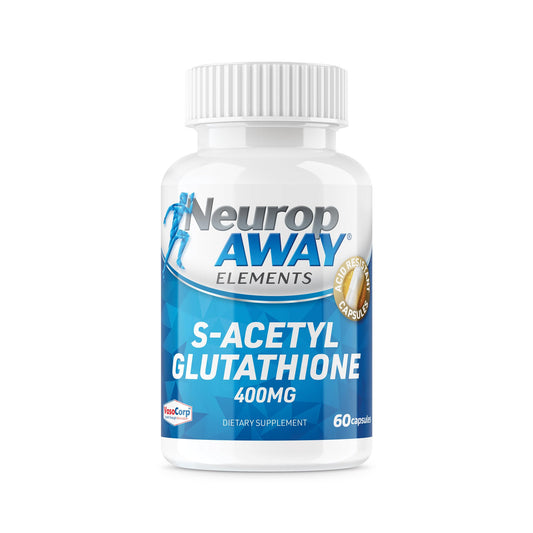 Front view of NeuropAWAY Elements S-Acetyl-Glutathione 400mg acid-resistant capsules bottle