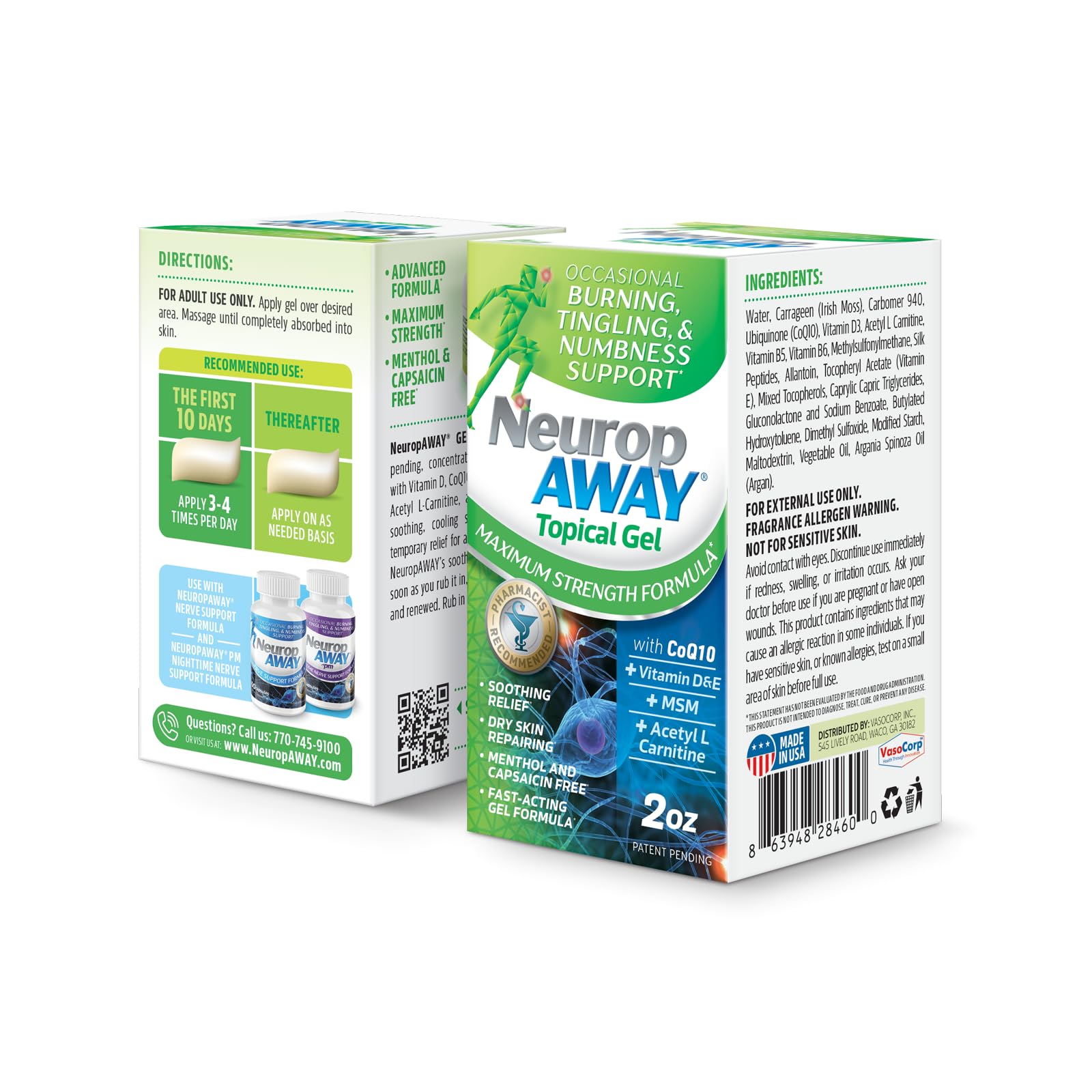 NeuropAWAY Maximum Strength Gel 2oz label indicating travel-friendly size.
