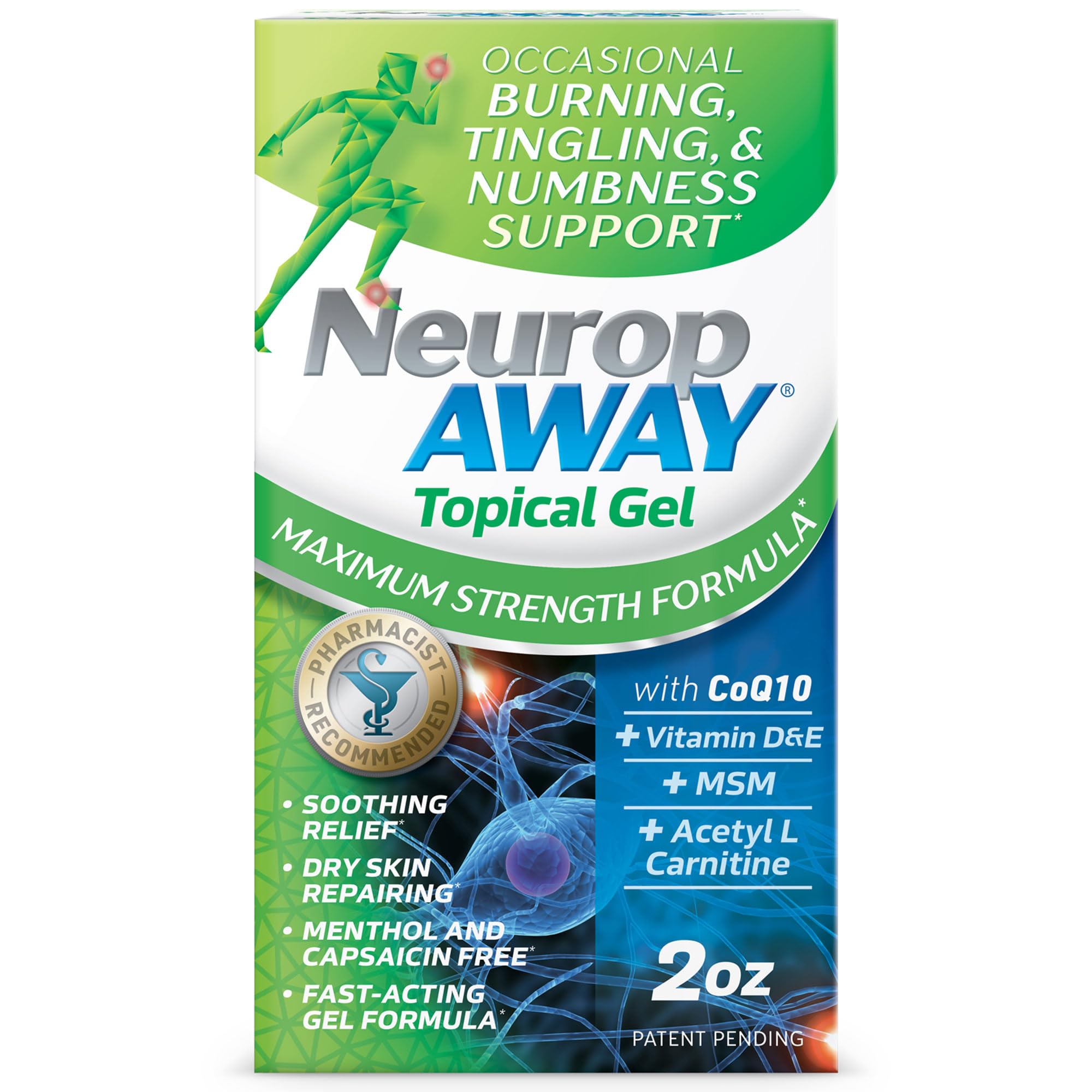 NeuropAWAY Maximum Strength Gel packaging box on white surface.