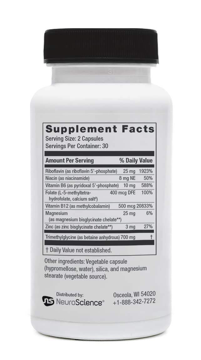 Close-up of NeuroScience Methyl FMT bottle label with Non-GMO and vegetarian notes