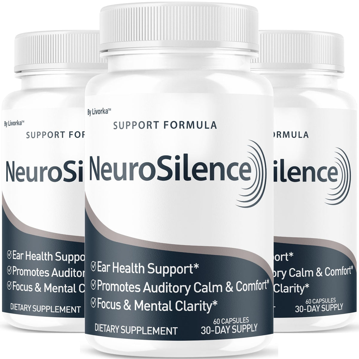 Front view of NeuroSilence 3-pack packaging